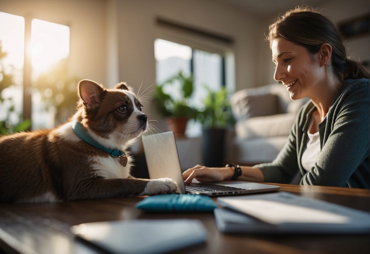 A pet owner in Australia researches pet insurance costs online, surrounded by a laptop, paperwork, and a pet bed