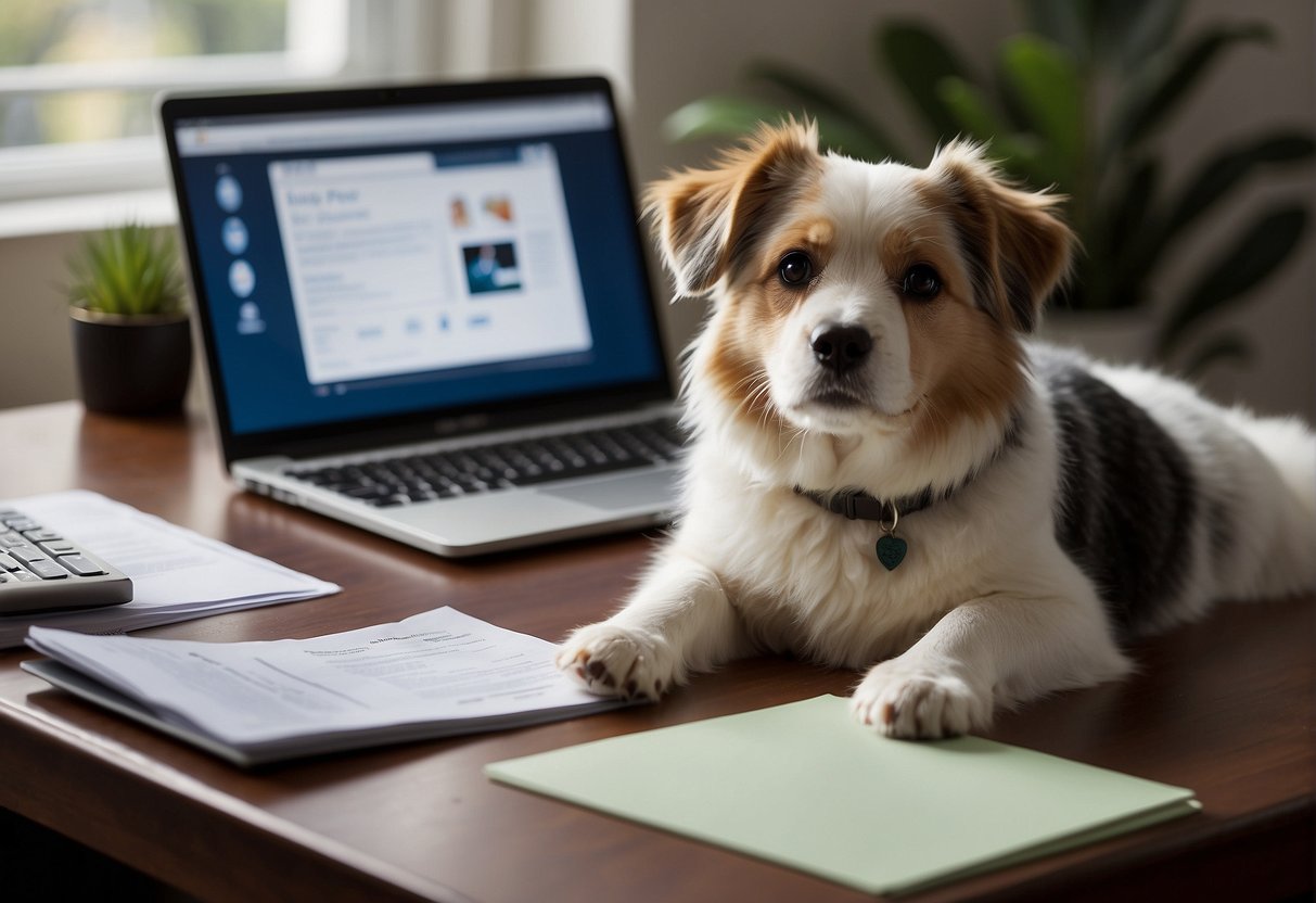 A pet owner sits at a desk, surrounded by pamphlets and a laptop, comparing different pet insurance policies. A calculator and notepad are at hand, indicating careful consideration