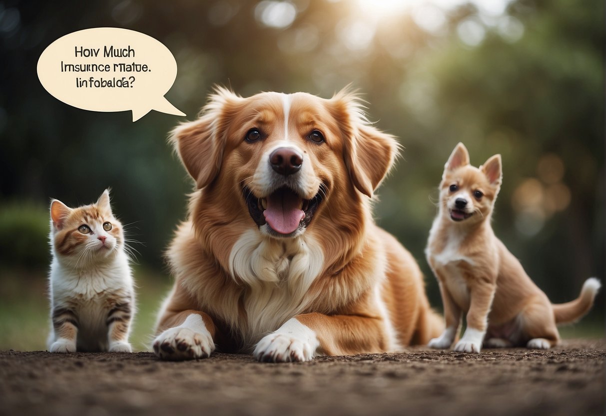 A happy dog with a wagging tail sits beside a smiling family, while a speech bubble above them shows the question "How much does pet insurance cost in Australia?"