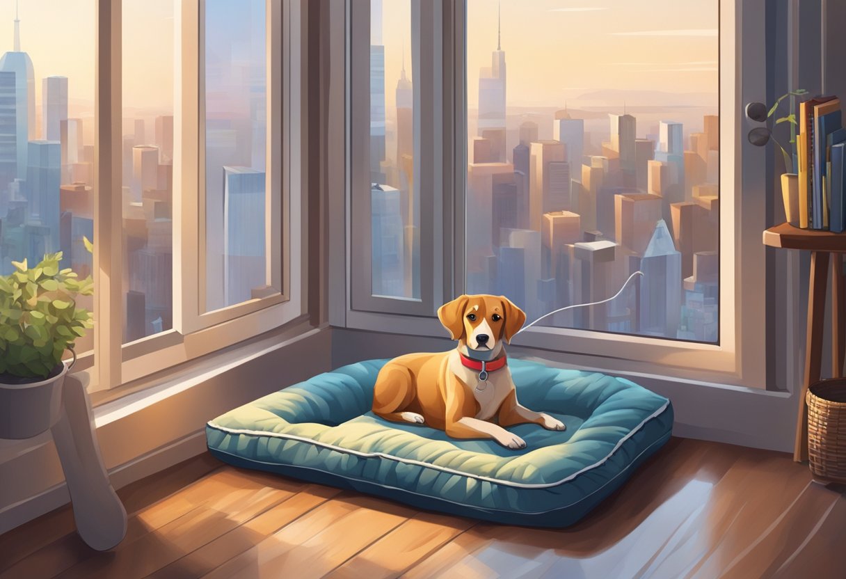 A small apartment with a cozy dog bed, toys scattered on the floor, a leash hanging on a hook, and a large window with a view of the city skyline