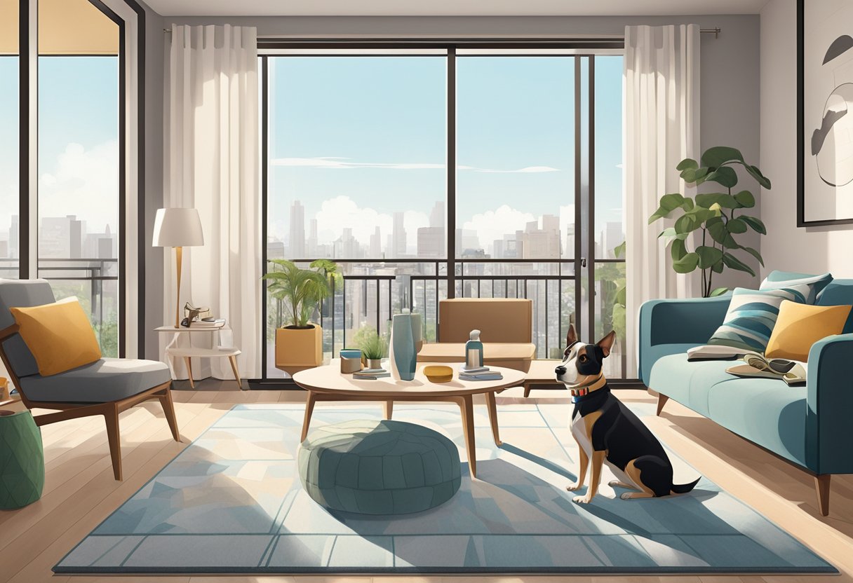 A dog sitting on a cozy rug in a modern apartment, surrounded by pet-friendly furniture and toys. Large windows let in natural light, and a balcony provides outdoor space for the dog