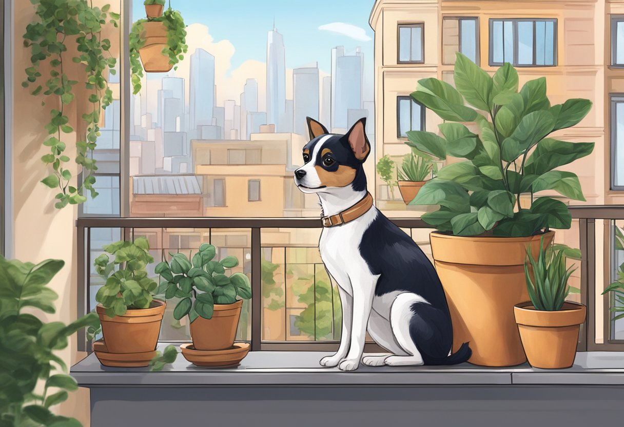 A small dog sits contentedly on a cozy apartment balcony, surrounded by city skyline and potted plants