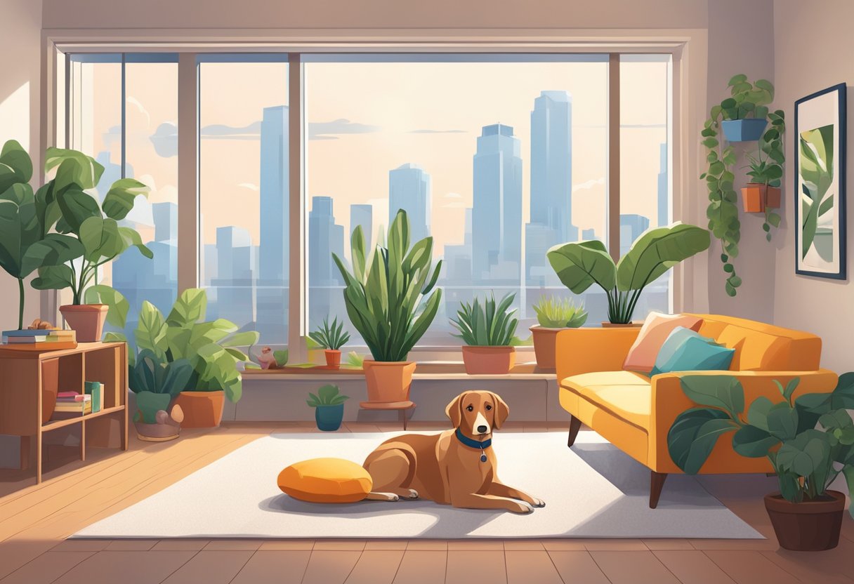 A cozy apartment with a dog bed, toys, and natural light. A city skyline visible through the window. Vibrant indoor plants and a comfortable seating area