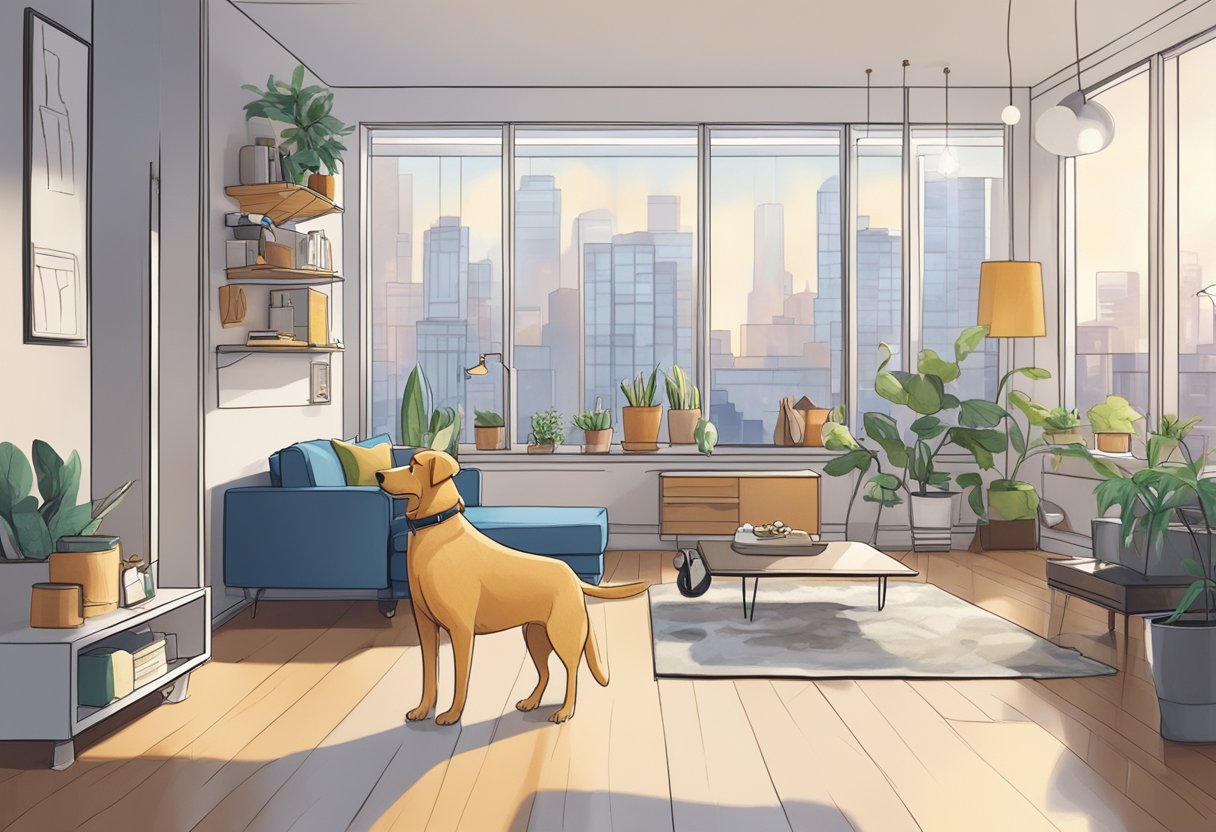 A dog happily walks on a leash through a modern city apartment, with a cozy bed, food and water bowls, and toys scattered around