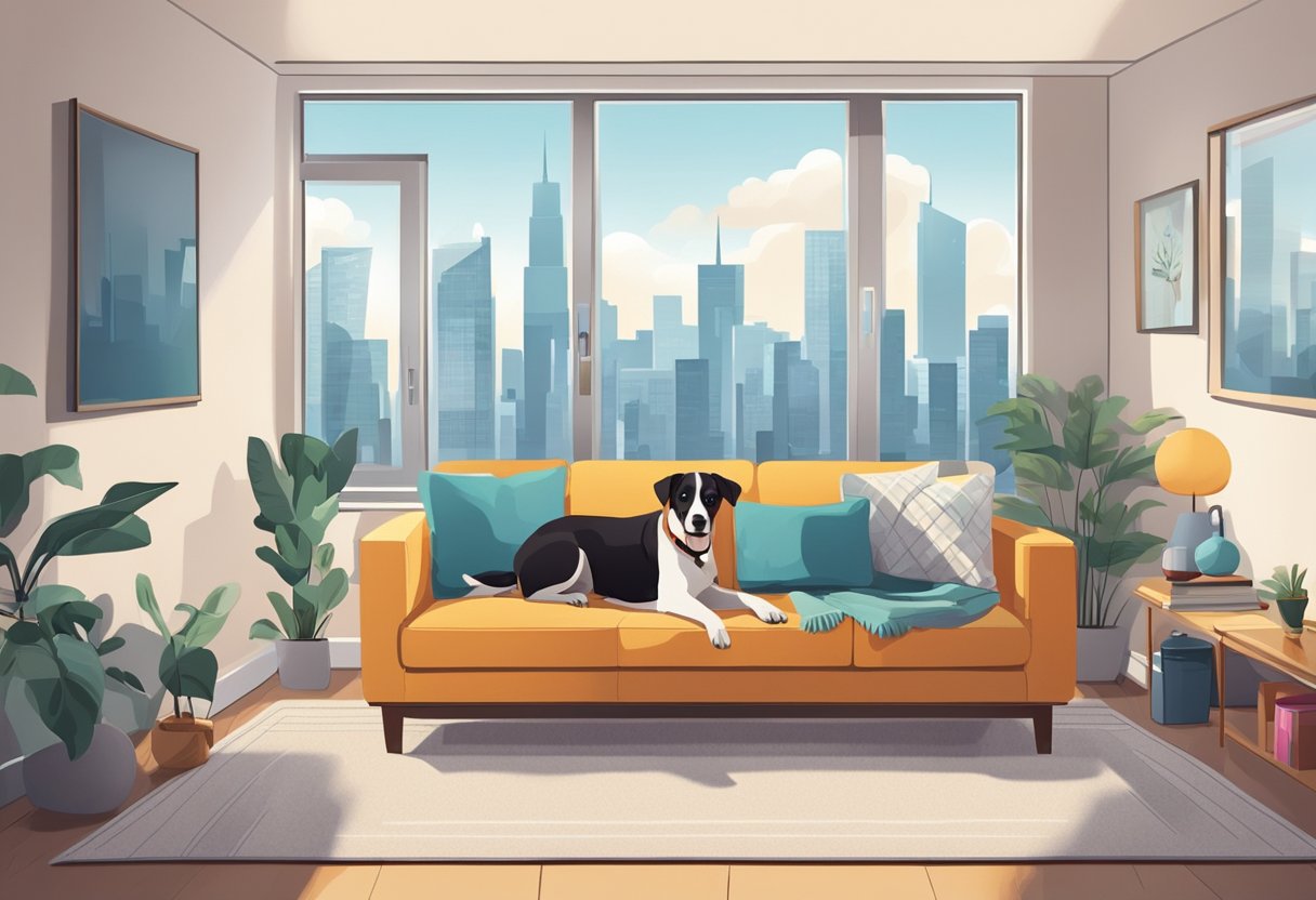A dog sitting on a cozy couch in a modern apartment, surrounded by toys and a comfortable bed. The city skyline is visible through the window, with a dog-friendly park nearby