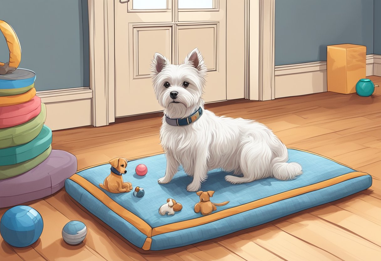 A small dog sits contentedly on a cozy dog bed in a modern apartment, surrounded by toys and a bowl of water. A leash and collar hang by the door, ready for a walk