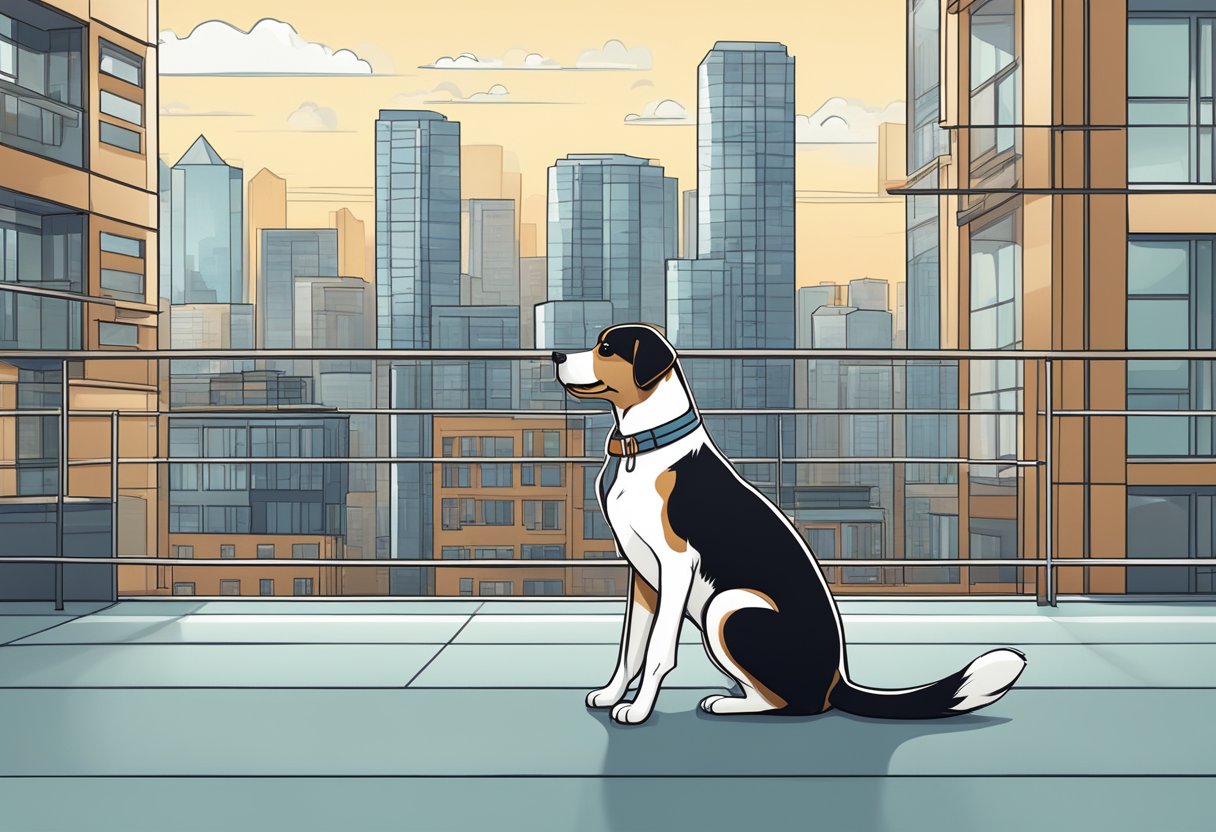 A dog sitting calmly on a leash next to a modern apartment building, with a city skyline in the background