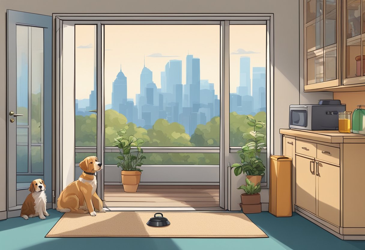 A small apartment with a dog bed, food and water bowls, toys, and a leash hanging by the door. City skyline visible through the window